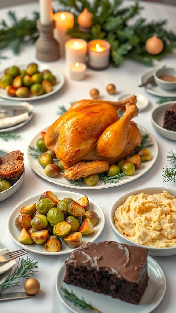 A festive Christmas dinner spread with roasted turkey, Brussels sprouts, mashed potatoes, and chocolate cake.